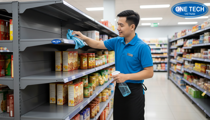 Vệ sinh kệ trưng bày tạp hóa Minh họa vệ sinh kệ trưng bày hàng tạp hóa đúng cách để bền và sạch