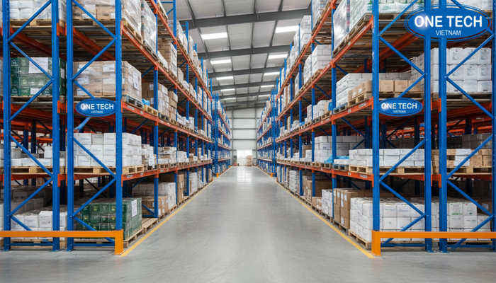 Hình ảnh kệ Push Back thực tế với nhiều làn ray lưu trữ pallet trong kho