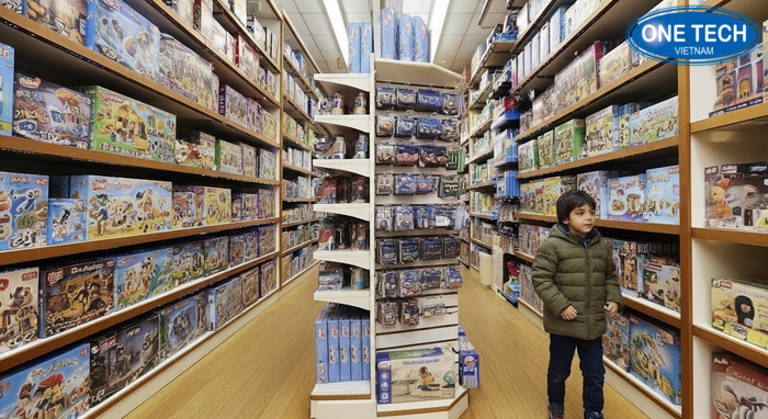 Bố trí kệ trưng bày đồ chơi trẻ em trong cửa hàng với lối đi rộng và phân khu rõ