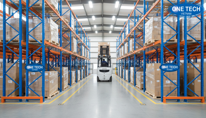 Sơ đồ bố trí lối đi xe nâng và các làn kệ drive in trong kho