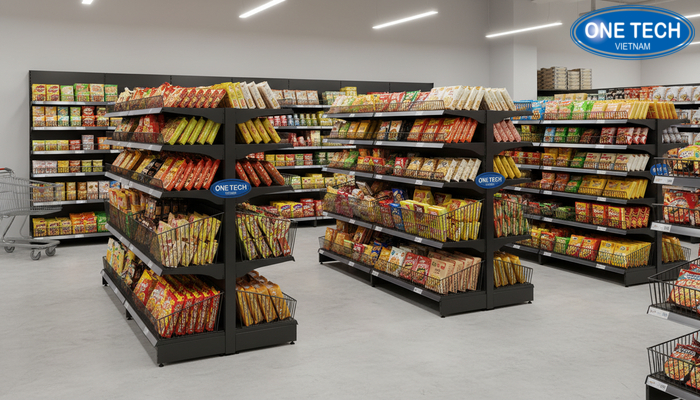 Sơ đồ minh họa vị trí đặt kệ rổ mì trong cửa hàng để tối ưu lối đi