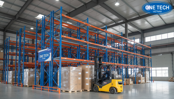 Sơ đồ xe nâng đi vào lòng kệ drive in để đặt và lấy pallet