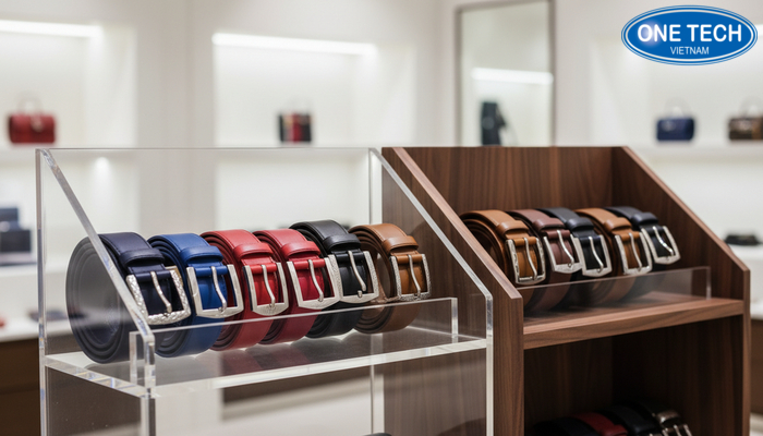 So sánh chất liệu kệ trưng bày thắt lưng mica và gỗ So sánh bề mặt mica trong suốt và bề mặt gỗ dùng làm kệ trưng bày thắt lưng