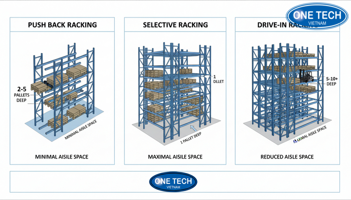 So sánh mô hình kệ Push Back với kệ selective và kệ drive-in theo lối đi và chiều sâu lưu trữ