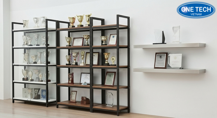 So sánh kệ trưng bày cúp kính gỗ inox So sánh kệ trưng bày cúp kính, gỗ, inox theo phong cách và công năng