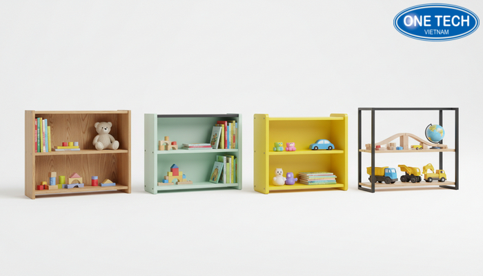 So sánh vật liệu kệ trưng bày đồ chơi trẻ em: gỗ tự nhiên, MDF, nhựa an toàn, khung sắt sơn tĩnh điện