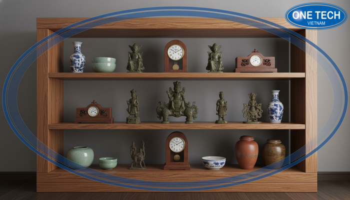 Tủ trưng bày đồ gốm sứ đẹp bằng gỗ tự nhiên Tủ trưng bày đồ gốm sứ đẹp bằng gỗ tự nhiên, bố cục theo tầng