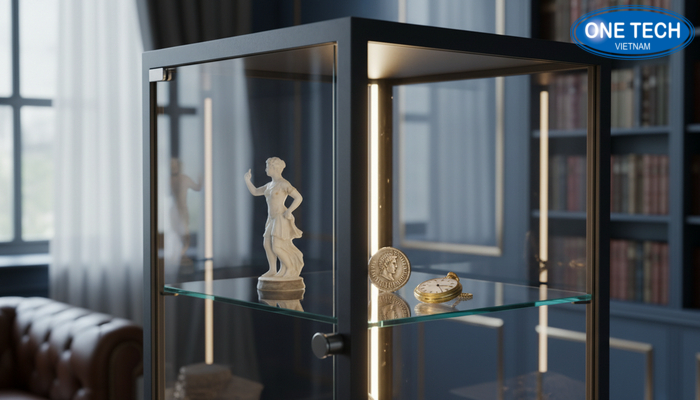 Tủ kính có khóa cho kệ trưng bày đồ cổ Tủ kính có khóa, kính trong giúp chống bụi và quan sát rõ hiện vật