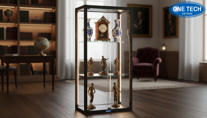 Tủ kính LED cho kệ trưng bày đồ cổ Tủ kính tích hợp LED giúp chống bụi và tăng hiệu ứng trưng bày