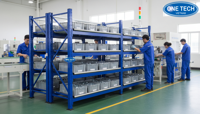 Ứng dụng kệ con lăn trong nhà máy Kệ con lăn cấp phát vật tư cho dây chuyền sản xuất