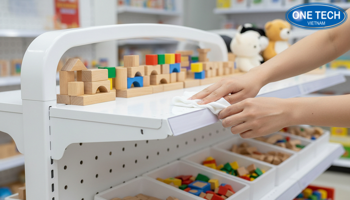 Vệ sinh kệ trưng bày đồ chơi trẻ em bằng khăn mềm để giữ bề mặt bền đẹp