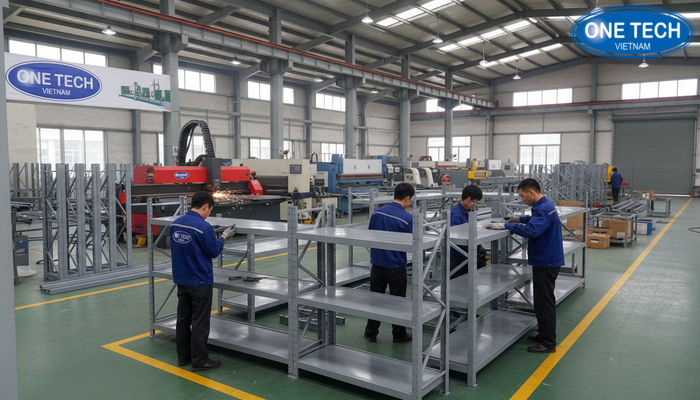 Sản xuất kệ quảng cáo tại An Giang Hình ảnh xưởng sản xuất kệ và quy trình gia công