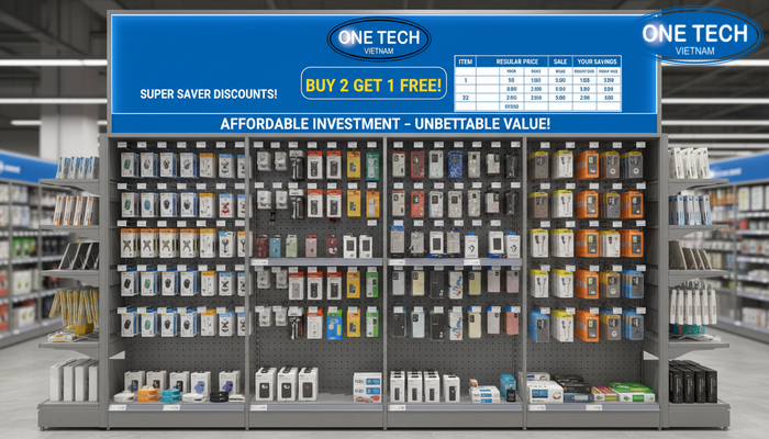 Báo giá kệ trưng bày phụ kiện điện thoại OneTech Bảng giá minh họa kệ trưng bày phụ kiện điện thoại