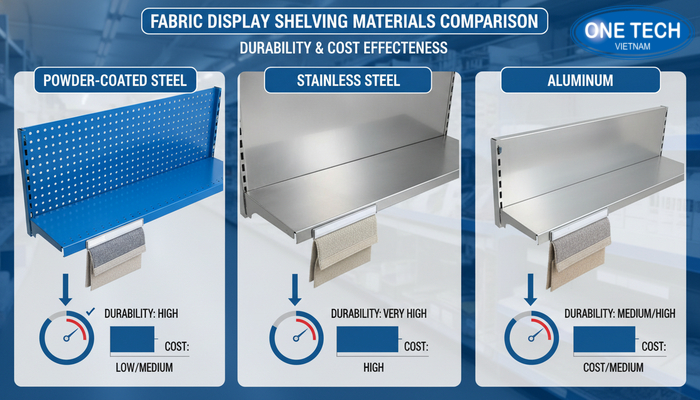 Bảng so sánh vật liệu kệ trưng bày vải theo độ bền và chi phí