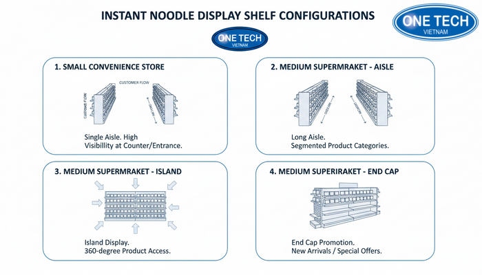 Bảng tham khảo cấu hình kệ trưng bày mì tôm theo diện tích cửa hàng
