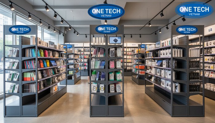 Bố trí thực tế kệ OneTech tại An Giang Ví dụ cửa hàng sử dụng kệ OneTech bố trí theo nhóm phụ kiện