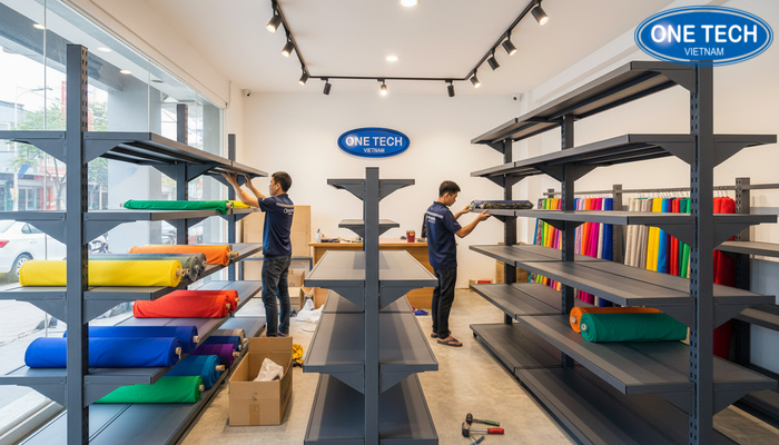 Giao hàng và lắp đặt kệ trưng bày vải tại An Giang