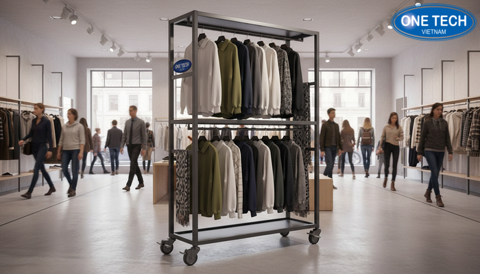 Kệ trưng bày shop quần áo có bánh xe Kệ bánh xe di chuyển linh hoạt trong shop thời trang