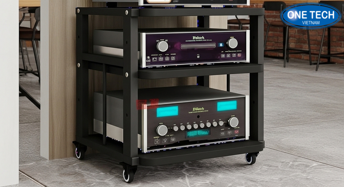 Ke trung bay loa co banh xe di dong va khoa an toan