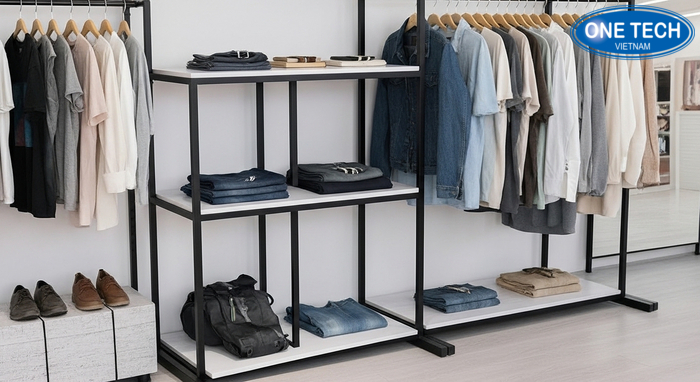 Mẫu kệ shop quần áo hiện đại đa tầng Kệ đa tầng kết hợp móc treo và mặt phẳng để đồ gấp