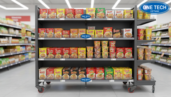Kệ di động có bánh xe trưng bày mì tôm linh hoạt, dễ thay layout