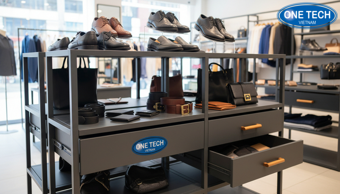 Kệ trưng bày shop quần áo kèm phụ kiện Kệ đứng tích hợp ngăn kéo và mặt trưng bày phụ kiện giày túi