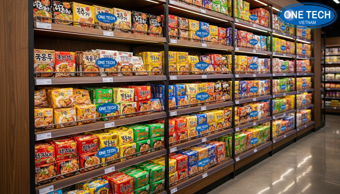 Kệ gỗ công nghiệp trưng bày mì Hàn Quốc tạo cảm giác cao cấp