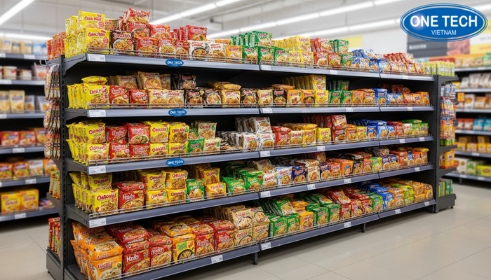 Kệ trưng bày mì tôm theo cụm thương hiệu và vị giúp khách dễ chọn