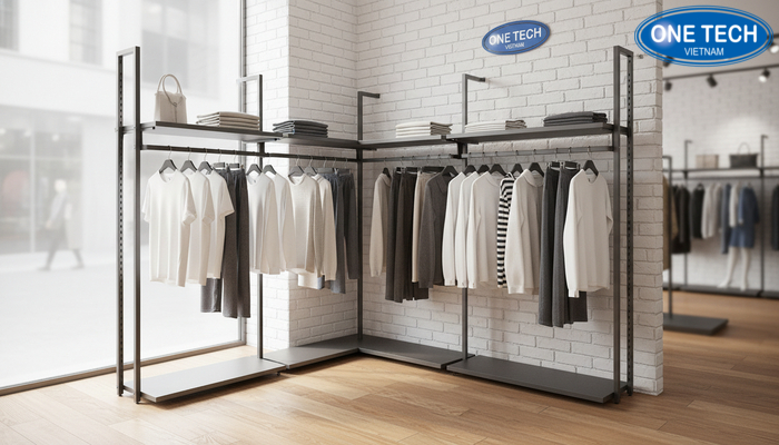 Kệ trưng bày shop quần áo chữ L Kệ treo chữ L tận dụng góc tường trong shop quần áo