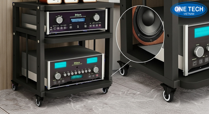 Ke trung bay loa co banh xe khoa phu hop studio va su kien