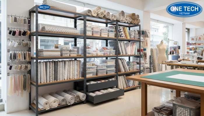 Kệ trưng bày vải đa năng kết hợp khu phụ kiện may mặc