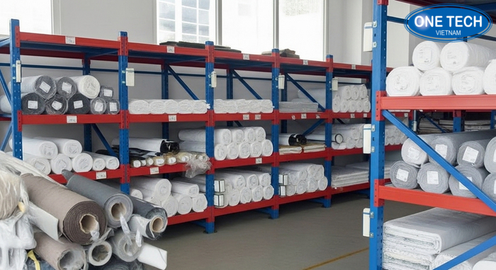 Tổng quan kệ trưng bày vải trong cửa hàng và kho