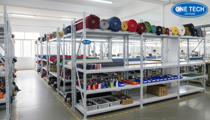 Kết hợp kệ trưng bày vải với kệ phụ kiện may mặc để tối ưu không gian