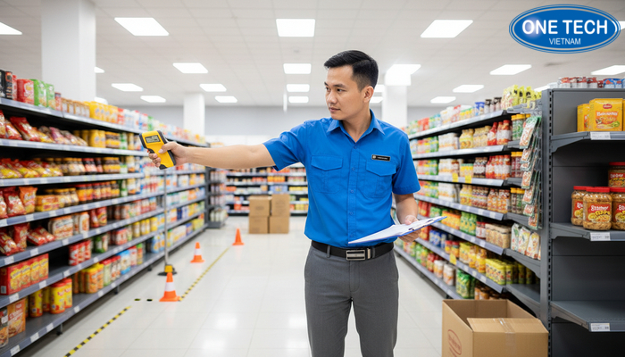 Minh họa đo đạc mặt bằng và xác định vị trí đặt kệ trưng bày mì tôm