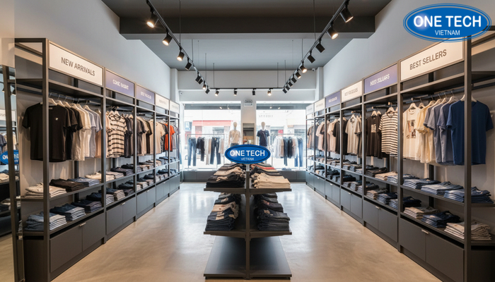 Bố trí kệ trưng bày shop quần áo hiệu quả Sơ đồ bố trí kệ shop quần áo tối ưu lối đi và khu trưng bày