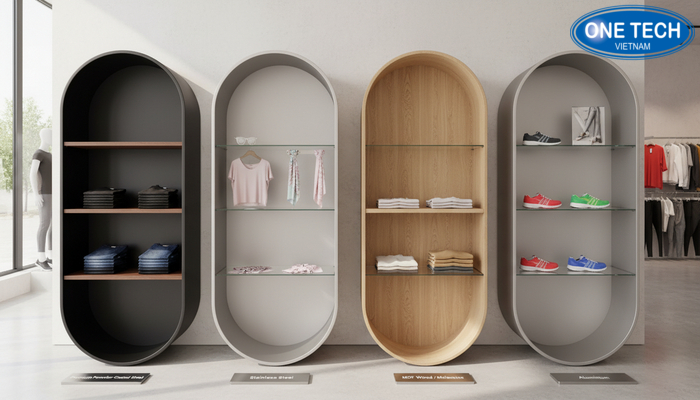 So sánh vật liệu kệ trưng bày shop quần áo So sánh vật liệu kệ trưng bày shop quần áo thép sơn tĩnh điện inox gỗ MDF nhôm