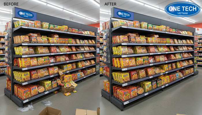 So sánh quầy mì trước và sau khi bố trí kệ trưng bày mì tôm khoa học