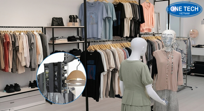 Cách bố trí kệ trưng bày shop quần áo Ví dụ bố trí kệ treo quần áo và kệ gấp phụ kiện trong shop