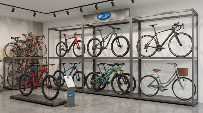 Bố trí kệ trưng bày xe đạp trong showroom giúp khách dễ quan sát và chọn mẫu