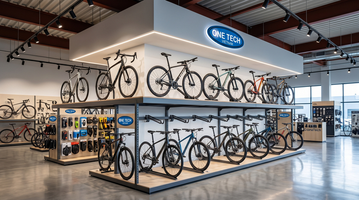 Kệ đa tầng trưng bày nhiều xe đạp trong showroom