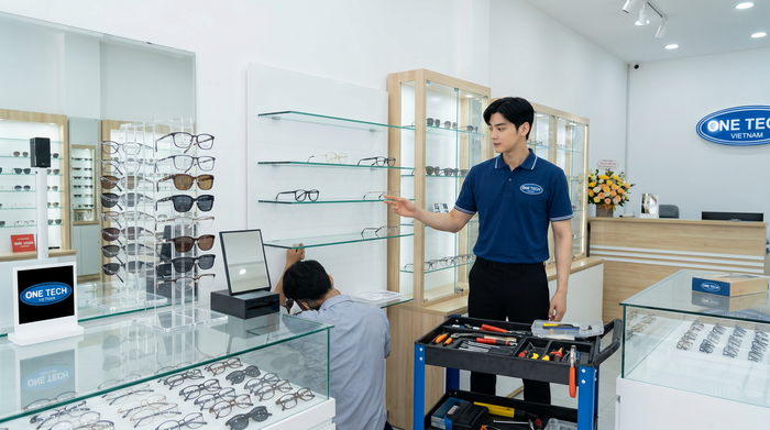 Dự án lắp đặt kệ trưng bày kính mắt OneTech tại An Giang OneTech lắp đặt kệ trưng bày kính mắt tại An Giang